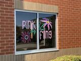 "Pink Fling" window art featuring flowers.