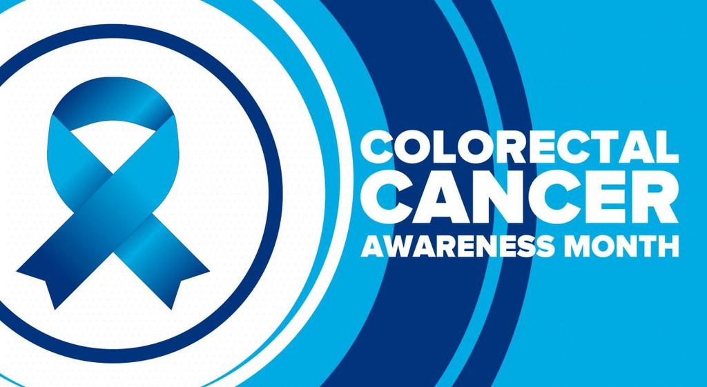 Blue colorectal cancer awareness month banner with a ribbon