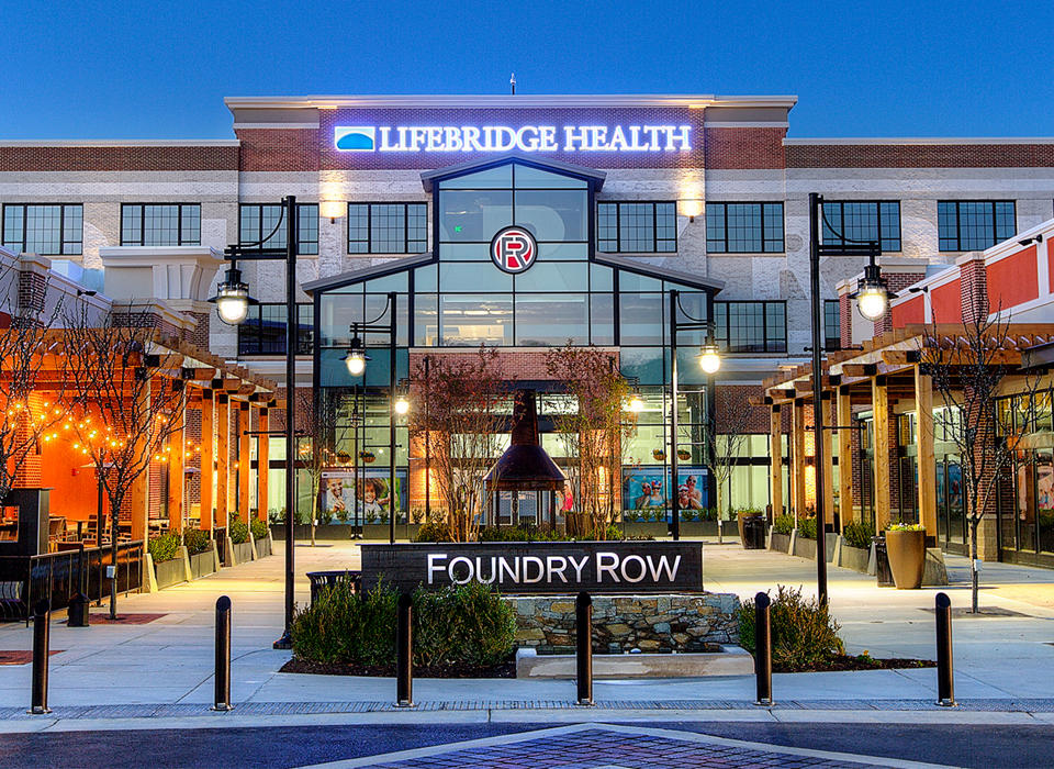 The Foundry Row building at night