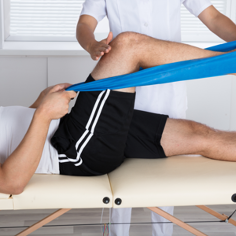 A physical therapist helping a person exercise their leg